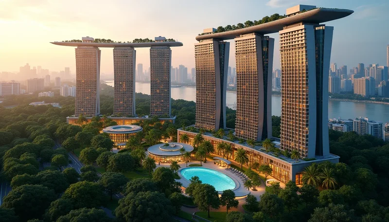Architectural concept rendering of The River Opus riverfront towers at sunset along River Valley Road
